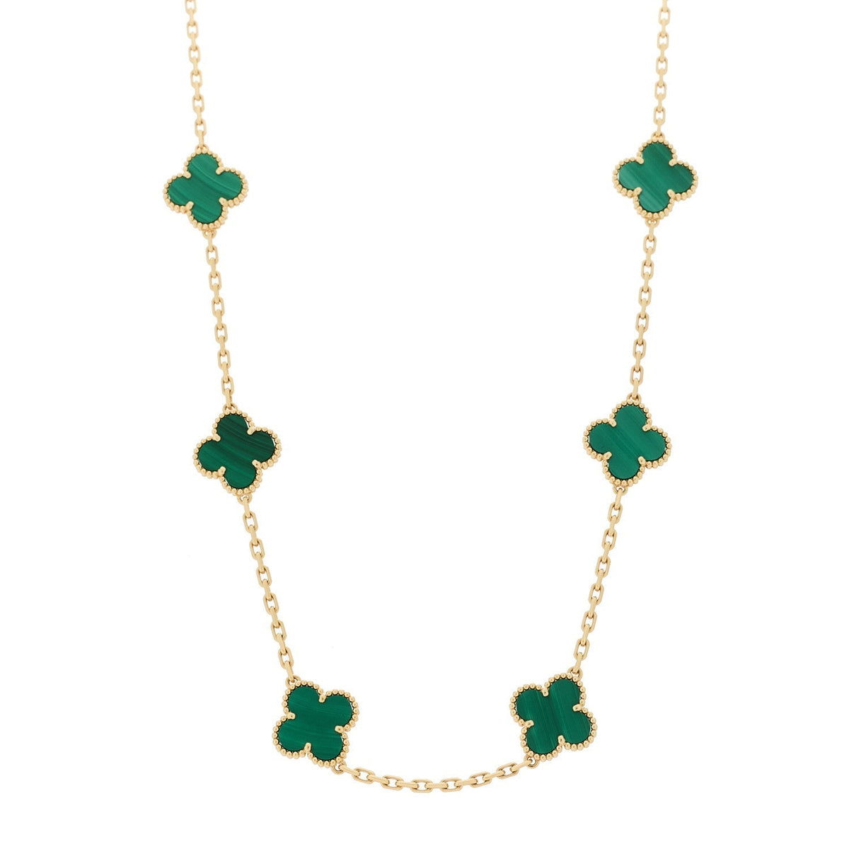 18K Yellow Gold Malachite 10 Motifs Vintage Alhambra Necklace