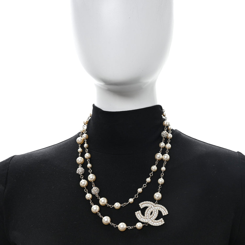 Graduated Pearl Crystal CC Long Necklace Gold Pearly White