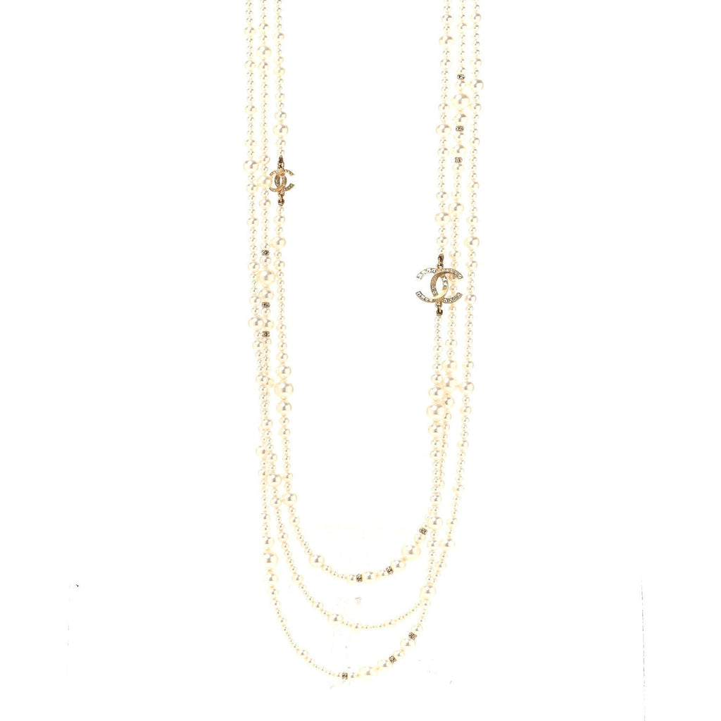 Metal Pearl Crystal Graduated CC Multi Strand Necklace Gold
