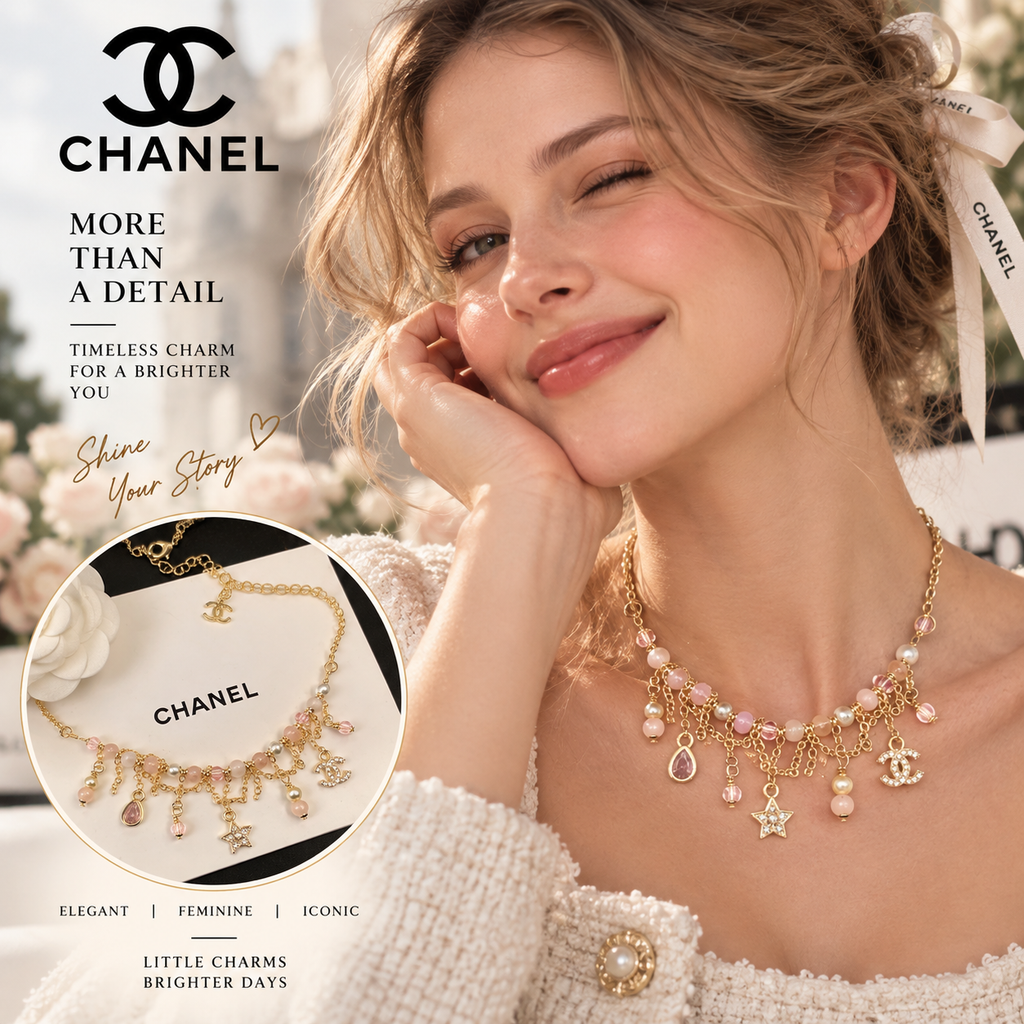 CHANEL Gold-Tone Pink Bead Pearl Crystal CC Charm Fringe Necklace