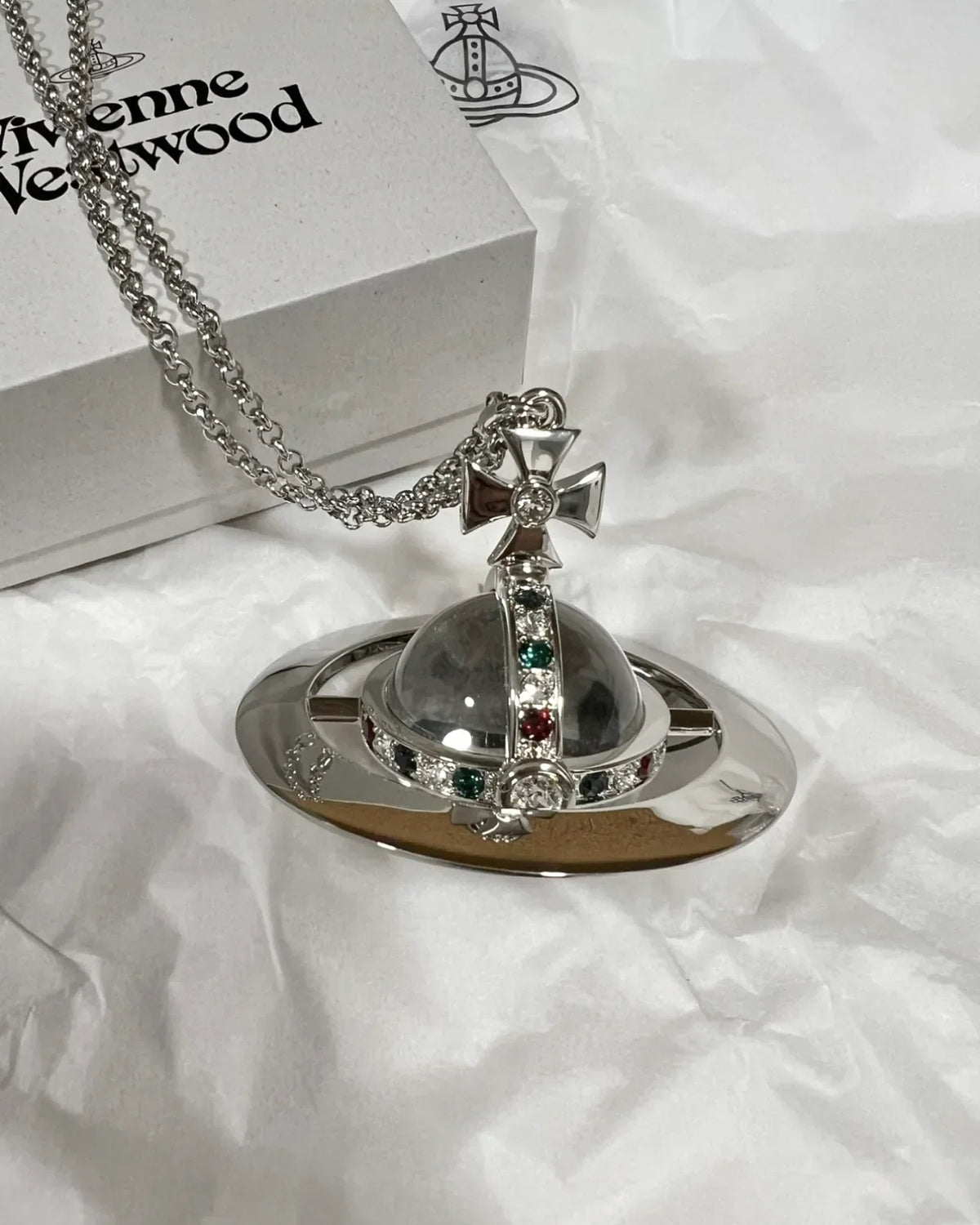 Vivienne Westwood ORB Pendant Crystal Necklace Transparent Silver Planet