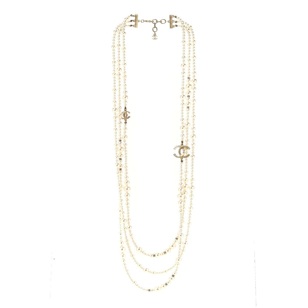 Metal Pearl Crystal Graduated CC Multi Strand Necklace Gold