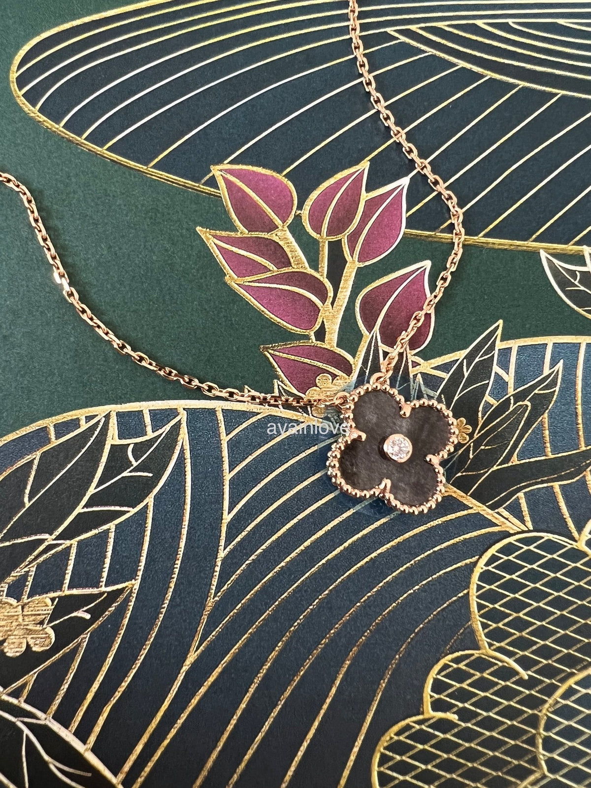 VAN CLEEF ARPELS VCA 18KT Rose Gold Limited 2023 Holiday Pendant Necklace Silver Obsidian Diamond Vintage Alhambra