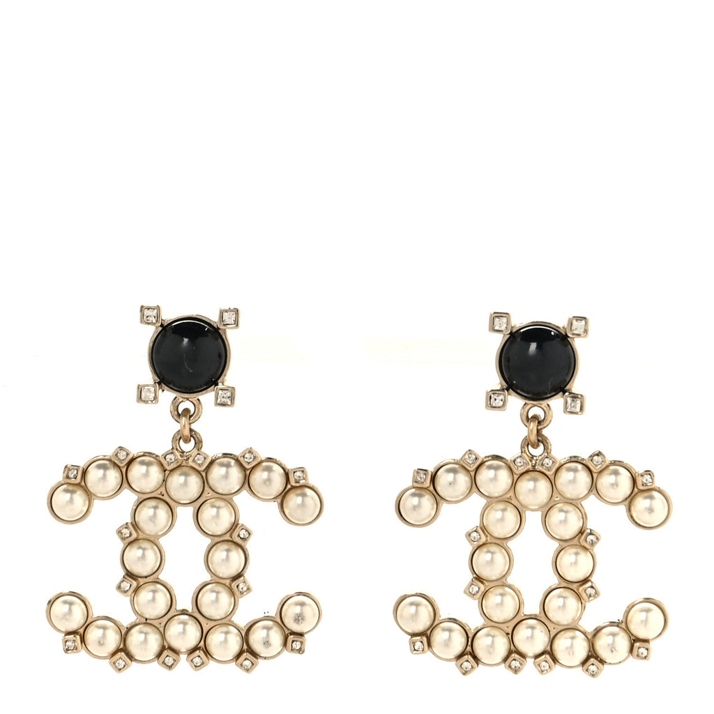 Resin Crystal Pearl CC Drop Earrings Black Gold