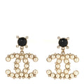 Resin Crystal Pearl CC Drop Earrings Black Gold