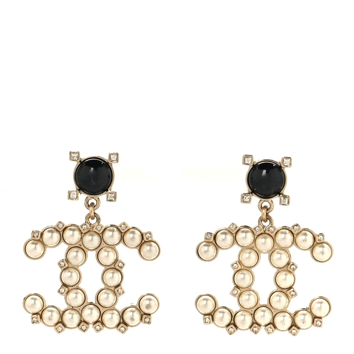 Resin Crystal Pearl CC Drop Earrings Black Gold