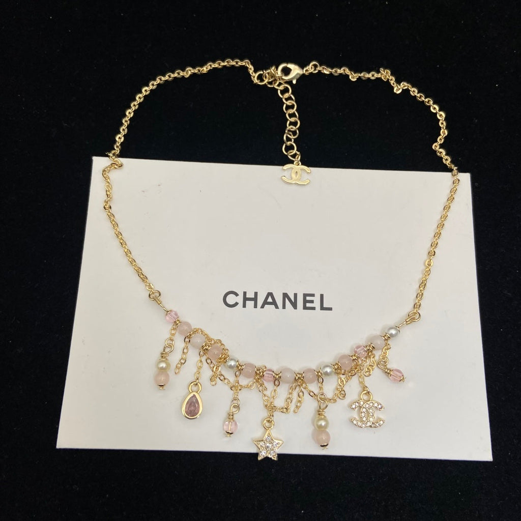 CHANEL Gold-Tone Pink Bead Pearl Crystal CC Charm Fringe Necklace