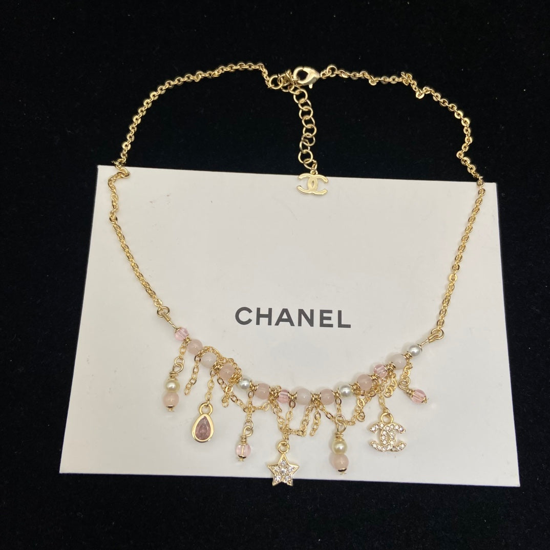 CHANEL Gold-Tone Pink Bead Pearl Crystal CC Charm Fringe Necklace