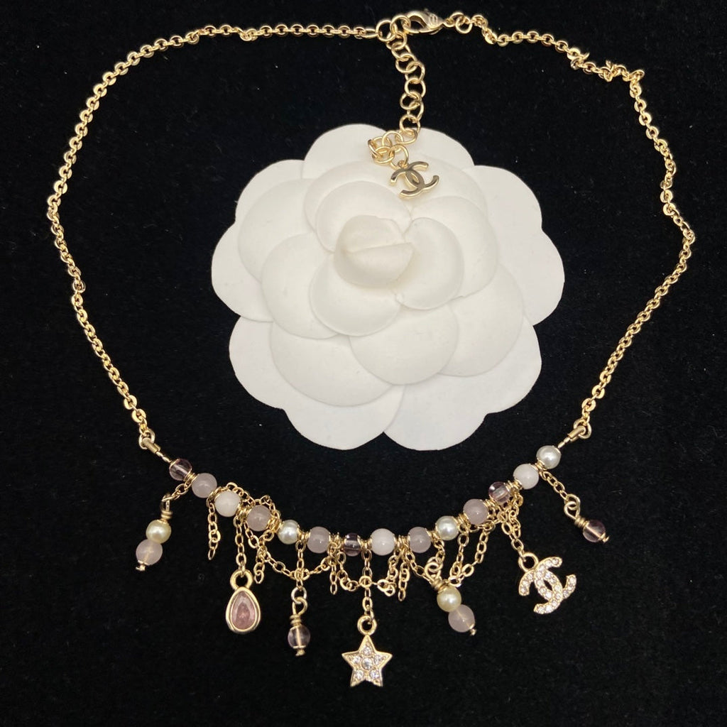 CHANEL Gold-Tone Pink Bead Pearl Crystal CC Charm Fringe Necklace