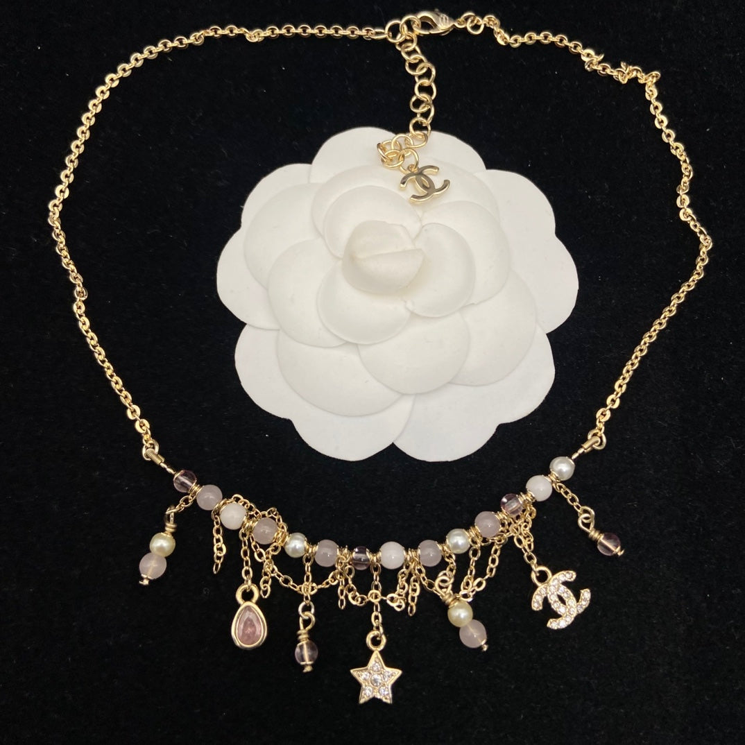 CHANEL Gold-Tone Pink Bead Pearl Crystal CC Charm Fringe Necklace