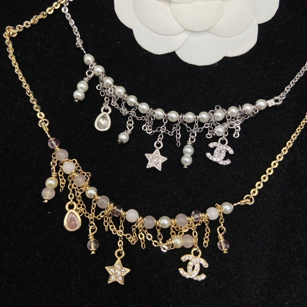 CHANEL Gold-Tone Pink Bead Pearl Crystal CC Charm Fringe Necklace