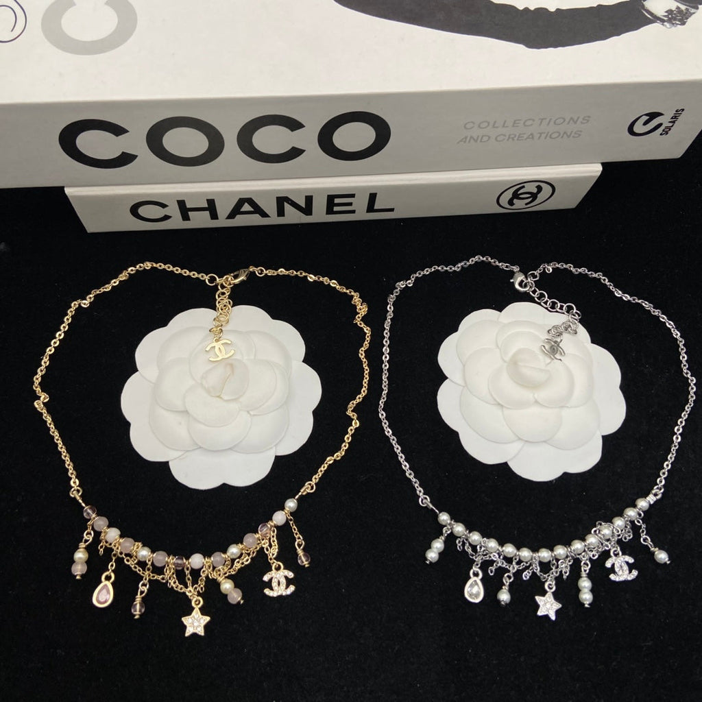 CHANEL Gold-Tone Pink Bead Pearl Crystal CC Charm Fringe Necklace