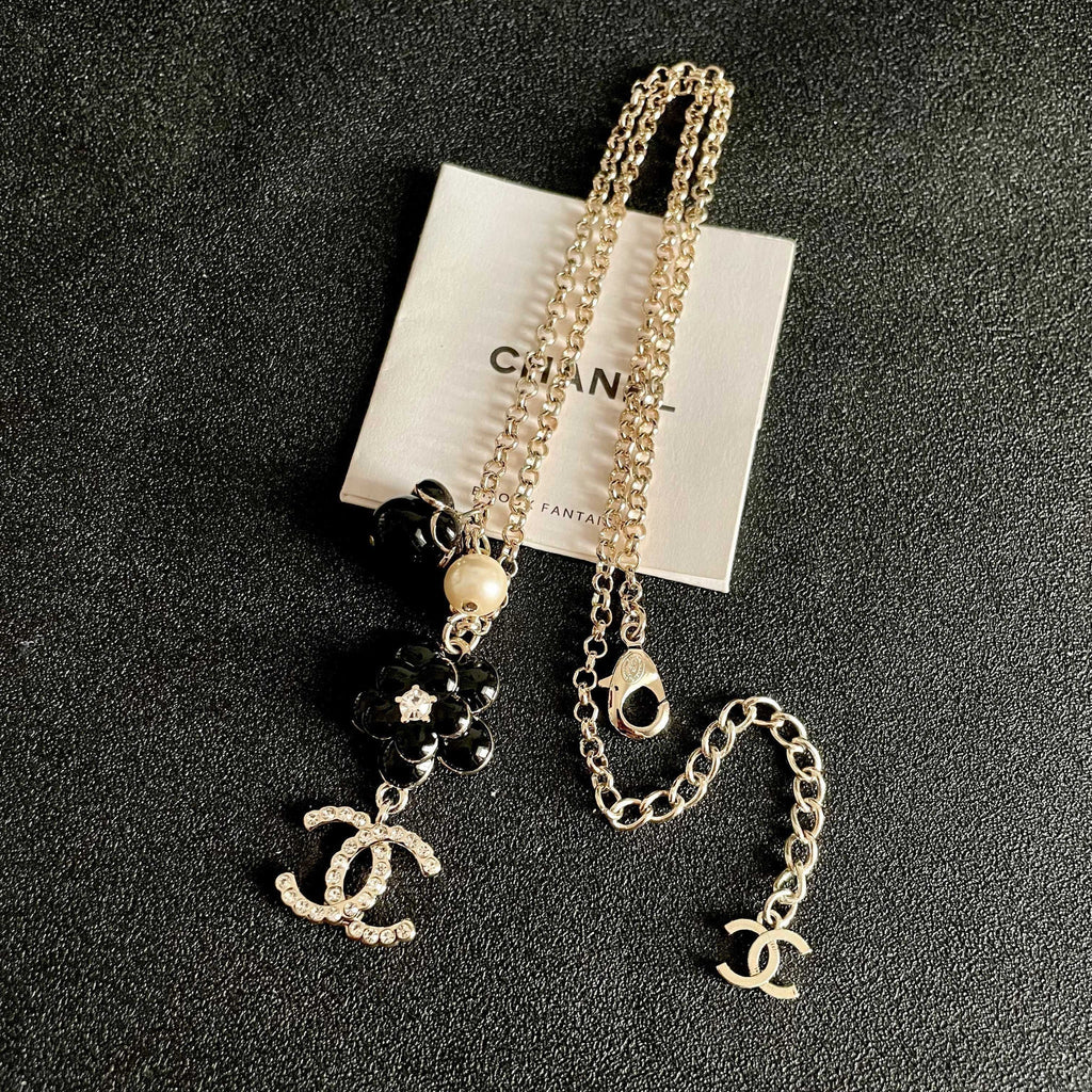 Chanel 26s Double C Logo Black Flower & Pearl Charm Pendant Necklace With Crystal Detail In Gold Metal 631012